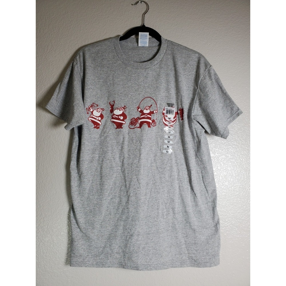 Funny Santa Fishing/Hunting Christmas T-Shirt Adult M Gray Holiday Graphic-NEW